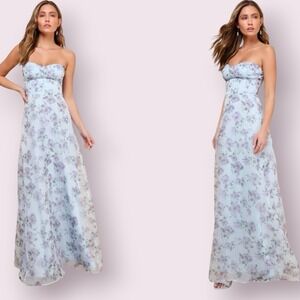 Lulus Blue Chiffon A Line Strapless Floral Maxi Gown NWT Sz S Formal Prom Dress
